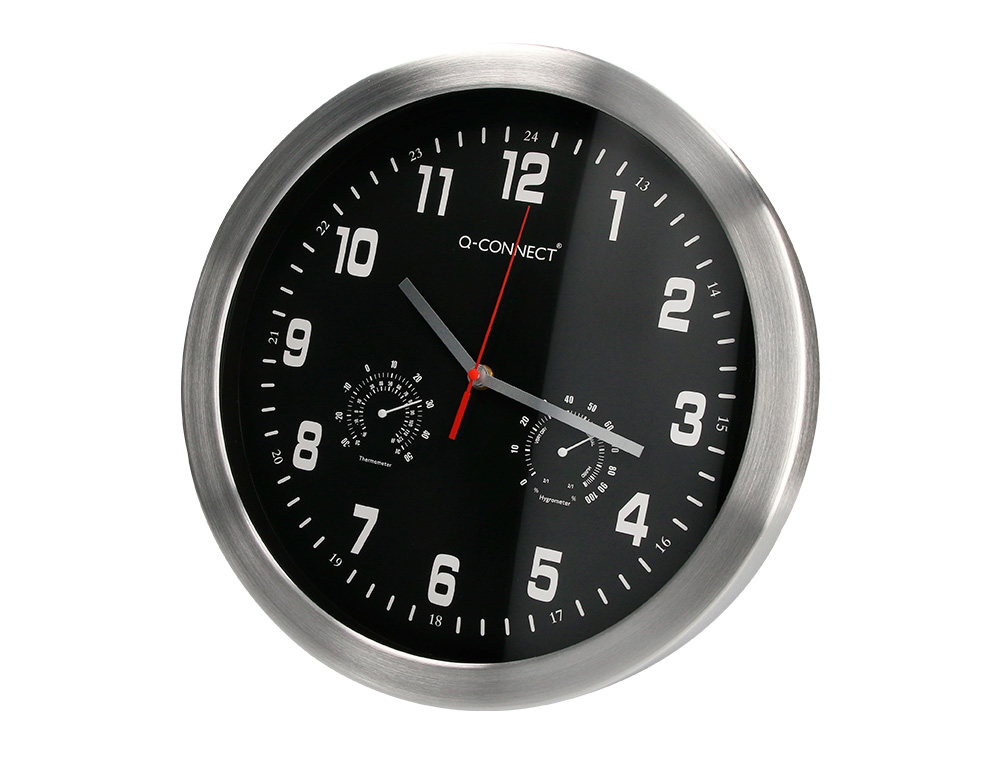 RELOJ Q-CONNECT DE PARED METALICO REDONDO 35,5 CM MOVIMIENTO SILENCIOSO COLOR CROMADO CON ESFERA NEGRA