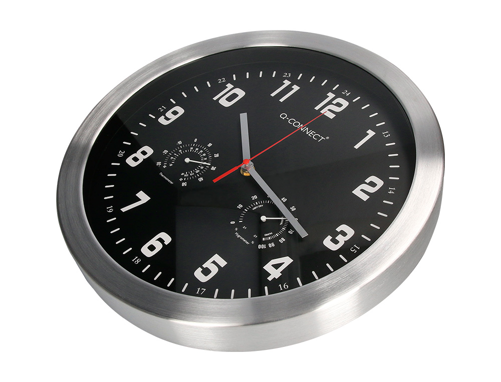 RELOJ Q-CONNECT DE PARED METALICO REDONDO 35,5 CM MOVIMIENTO SILENCIOSO COLOR CROMADO CON ESFERA NEGRA