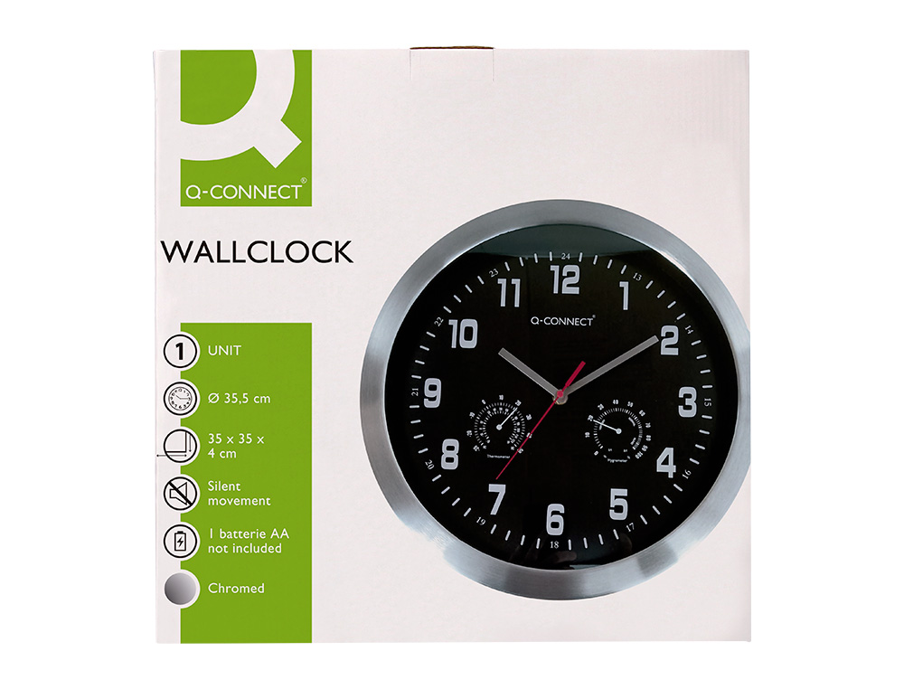RELOJ Q-CONNECT DE PARED METALICO REDONDO 35,5 CM MOVIMIENTO SILENCIOSO COLOR CROMADO CON ESFERA NEGRA