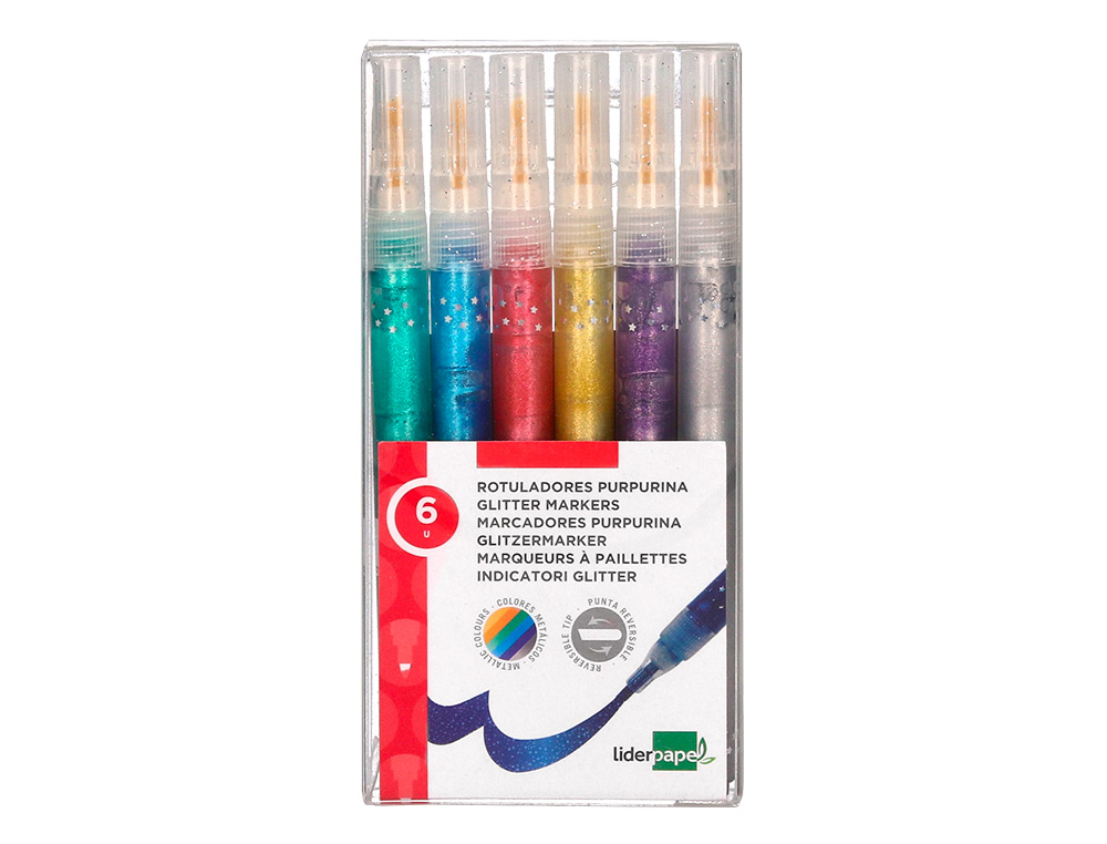 ROTULADOR LIDERPAPEL EFECTO PURPURINA METALIZADA PUNTA REVERSIBLE BOLSA DE 6 UNIDADES COLORES SURTIDOS