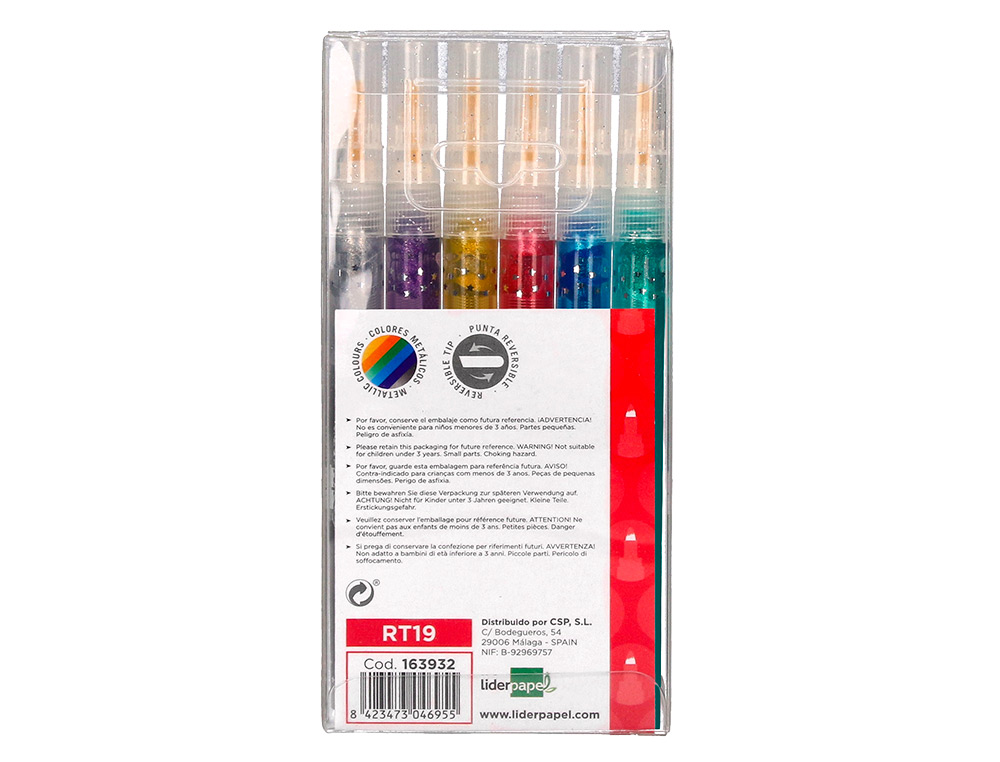 ROTULADOR LIDERPAPEL EFECTO PURPURINA METALIZADA PUNTA REVERSIBLE BOLSA DE 6 UNIDADES COLORES SURTIDOS