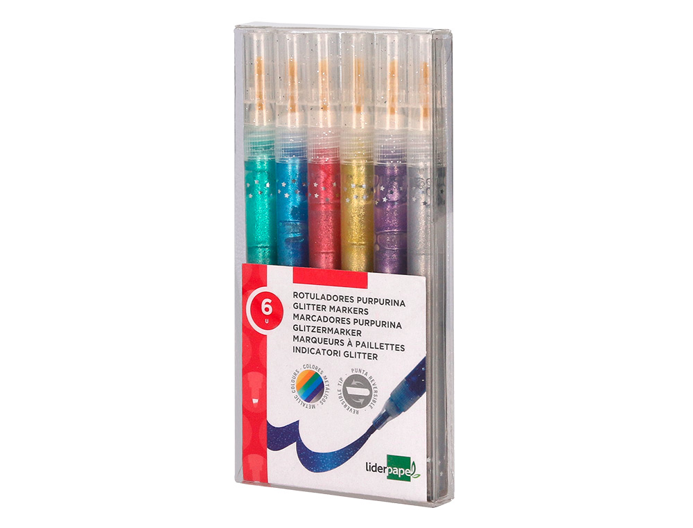 ROTULADOR LIDERPAPEL EFECTO PURPURINA METALIZADA PUNTA REVERSIBLE BOLSA DE 6 UNIDADES COLORES SURTIDOS