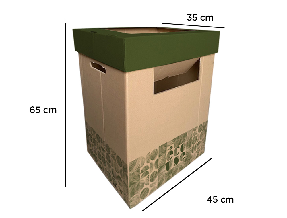 CONTENEDOR PAPELERA RECICLAJE LIDERPAPEL ECOUSE CARTON 100% RECICLADO Y RECICLABLE 70 LITROS 450X350X650 MM