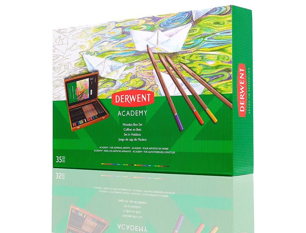 ESTUCHE DE PINTURA DERWENT ACADEMY MADERA LAPICES DE COLORES 35 PIEZAS
