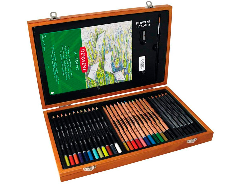 ESTUCHE DE PINTURA DERWENT ACADEMY MADERA LAPICES DE COLORES 35 PIEZAS
