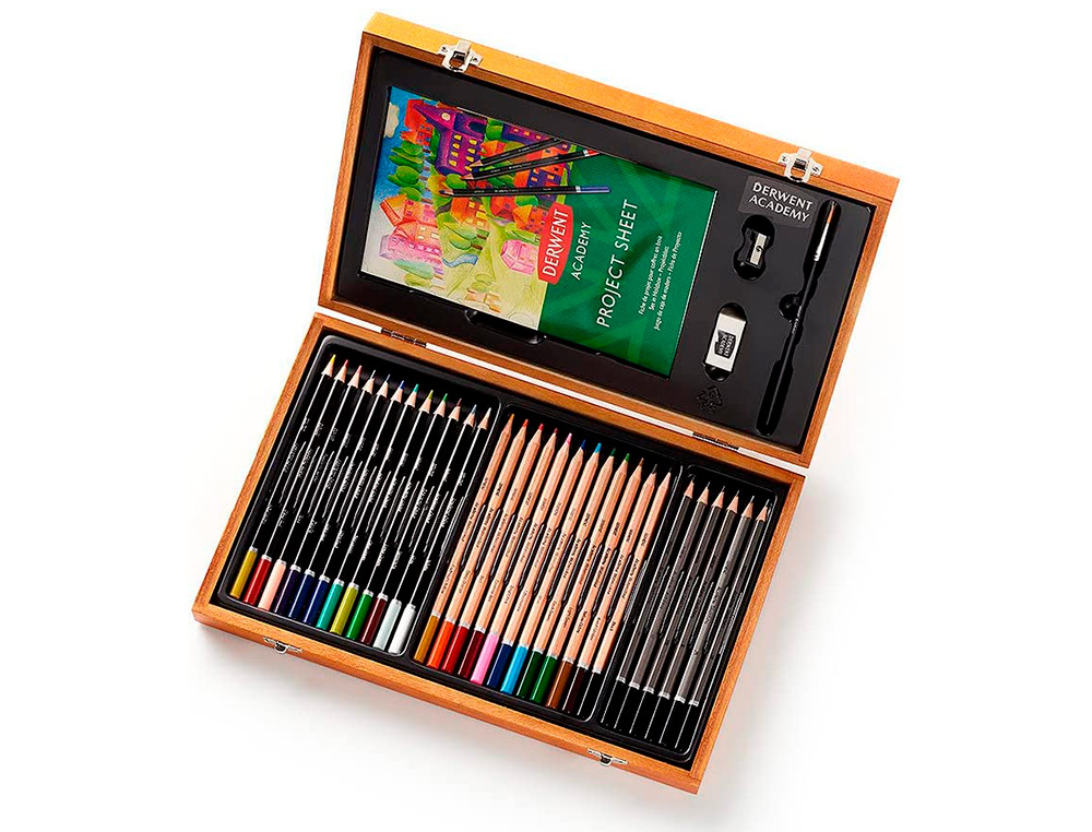 ESTUCHE DE PINTURA DERWENT ACADEMY MADERA LAPICES DE COLORES 35 PIEZAS