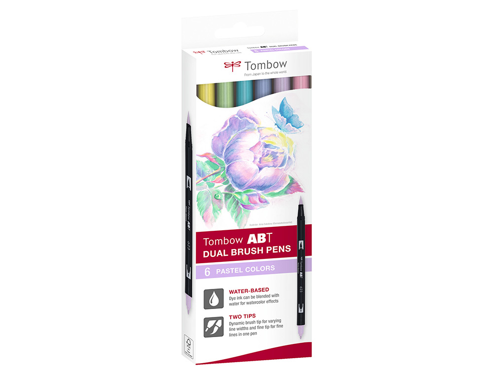 ROTULADOR TOMBOW ABT DUAL BRUSH ACUARELABLE DOBLE PUNTA FINA/PINCEL ESTUCHE DE 6 COLORES PASTEL