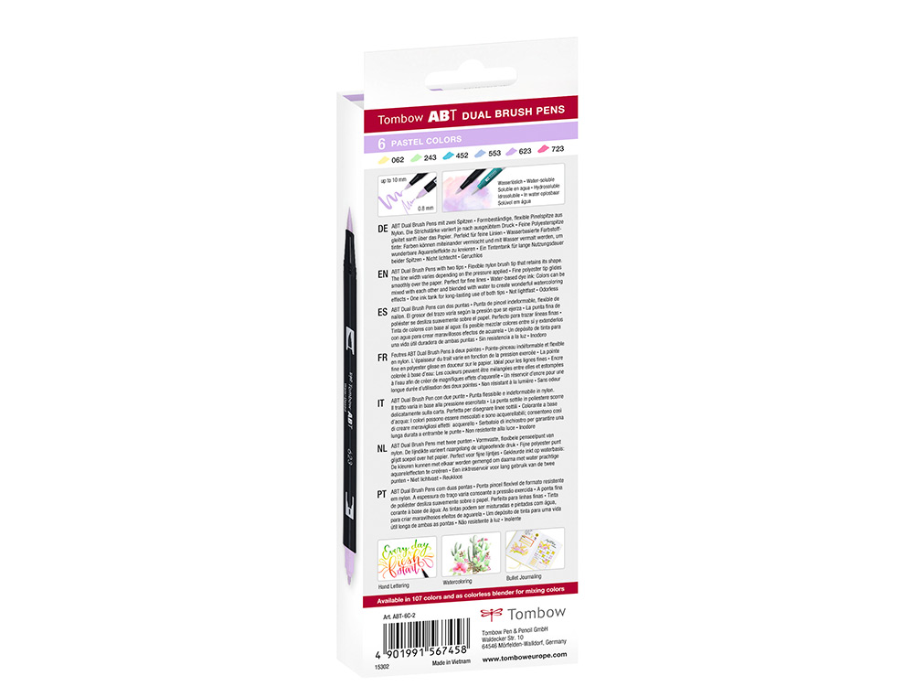 ROTULADOR TOMBOW ABT DUAL BRUSH ACUARELABLE DOBLE PUNTA FINA/PINCEL ESTUCHE DE 6 COLORES PASTEL