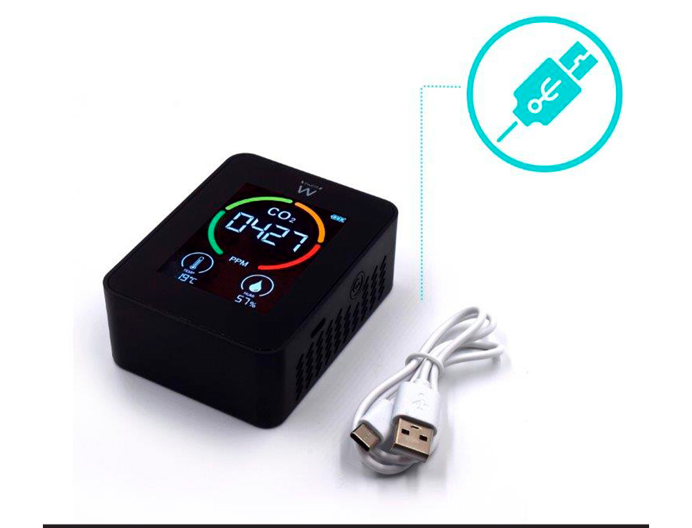 MEDIDOR DE CO2 EWENT PANTALLA LED COLOR DETECTOR CALIDAD AIRE CON INDICADOR DE TEMPERATURA Y HUMEDAD USB-C