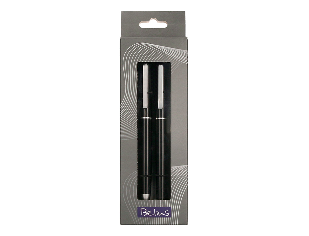 JUEGO BOLIGRAFO Y ROLLER BELIUS NORWICH CUERPO NEGRO MATE Y DETALLES CROMADOS SATINADOS EN CAJA REGALO