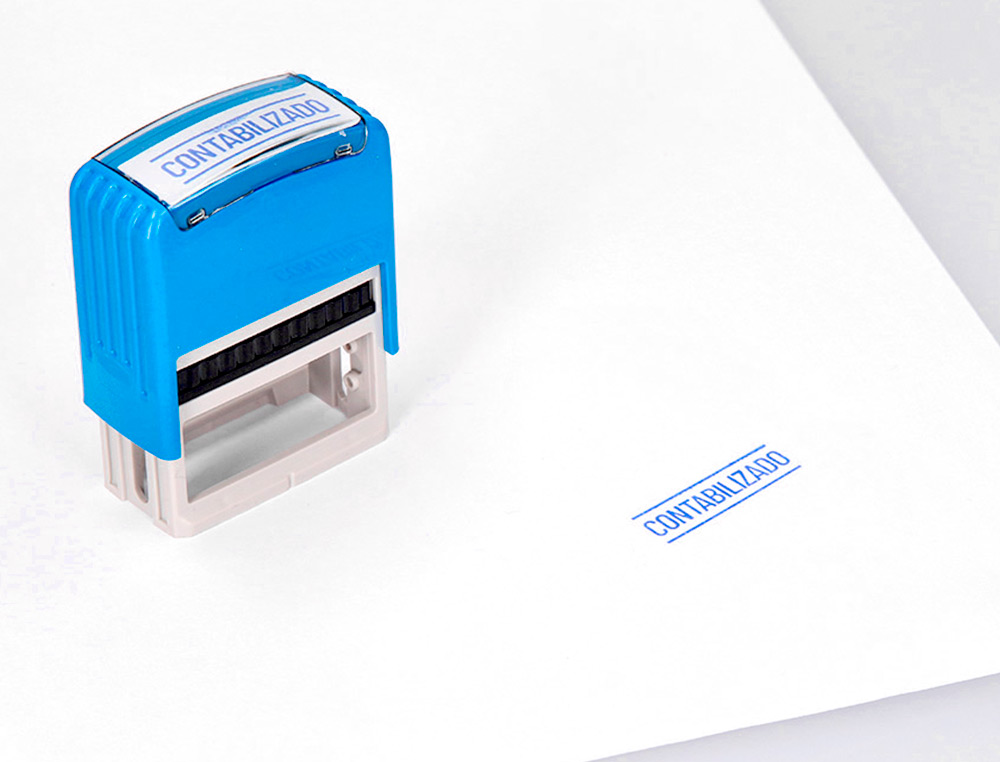SELLO ENTINTADO AUTOMATICO Q-CONNECT CONTABILIZADO ALMOHADILLA 14X38 MM COLOR AZUL