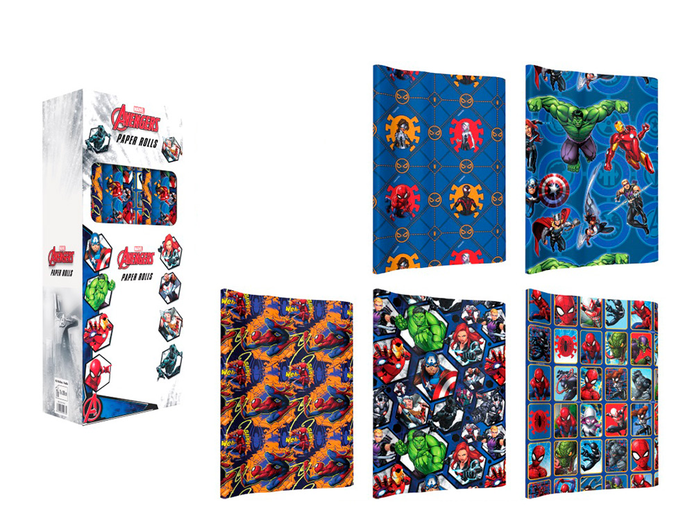 PAPEL DE REGALO BASIKA MARVEL ROLLO ANCHO 70 CM LONGITUD 2 MT DISEÑOS SURTIDOS