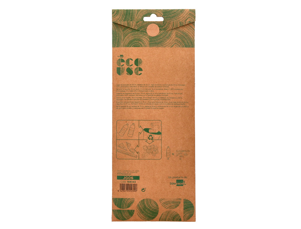 JUEGO ESCUADRA 20 CM CARTABON 18 CM REGLA 30 CM Y SEMICIRCULO 10 CM LIDERPAPEL ECOUSE 100% PET RECICLADO