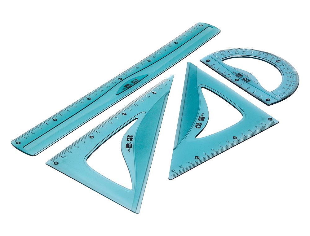 JUEGO ESCUADRA 20 CM CARTABON 18 CM REGLA 30 CM Y SEMICIRCULO 10 CM LIDERPAPEL ECOUSE 100% PET RECICLADO