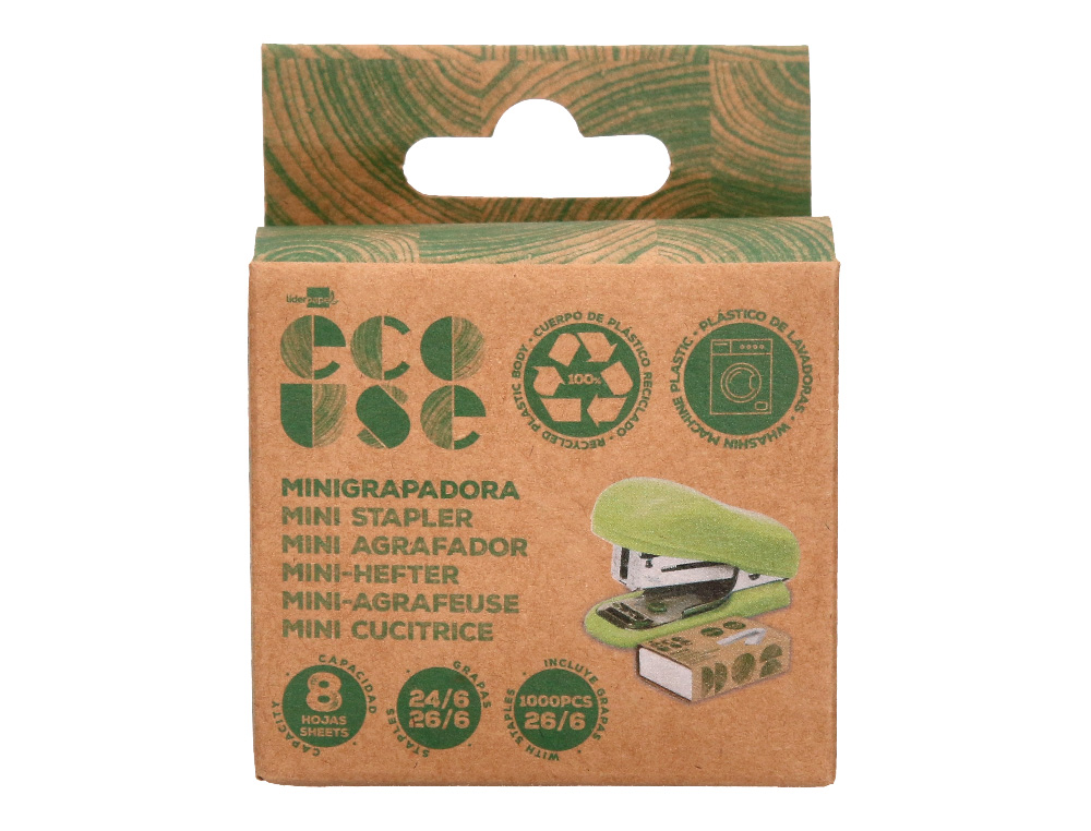 GRAPADORA LIDERPAPEL ECOUSE MINI CAPACIDAD 12 HOJAS 100% PLASTICO RECICLADO CON CAJA DE 1000 GRAPAS 26/6