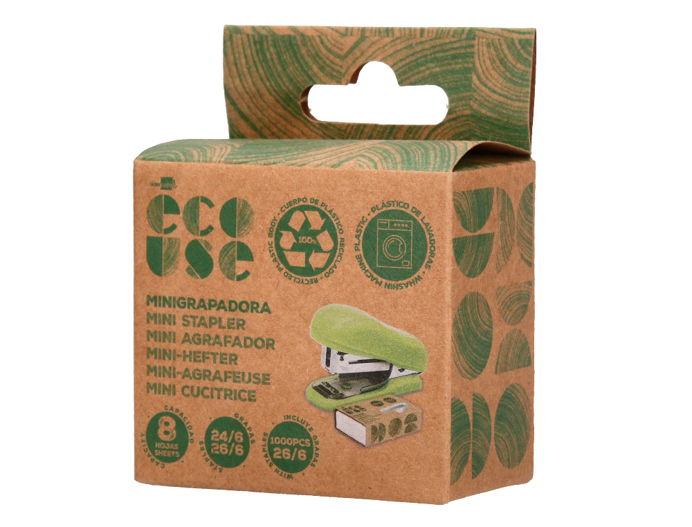 GRAPADORA LIDERPAPEL ECOUSE MINI CAPACIDAD 12 HOJAS 100% PLASTICO RECICLADO CON CAJA DE 1000 GRAPAS 26/6