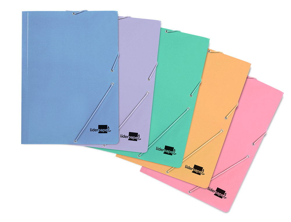 CARPETA LIDERPAPEL GOMAS FOLIO 3 SOLAPAS CARTON PLASTIFICADO COLORES PASTELES SURTIDOS