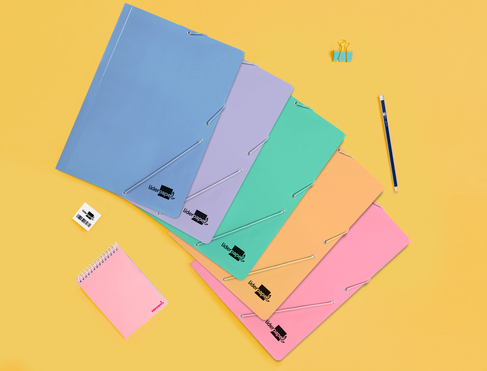 CARPETA LIDERPAPEL GOMAS FOLIO 3 SOLAPAS CARTON PLASTIFICADO COLORES PASTELES SURTIDOS