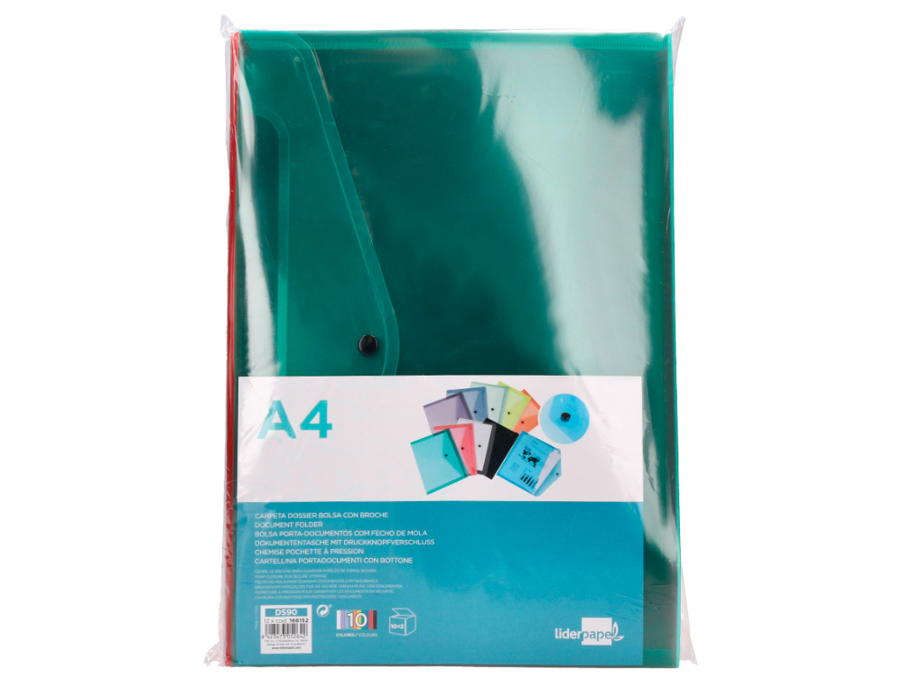 CARPETA LIDERPAPEL DOSSIER BROCHE TRANSPARENTE DIN A4 PAQUETE DE 12 UNIDADES COLORES SURTIDOS