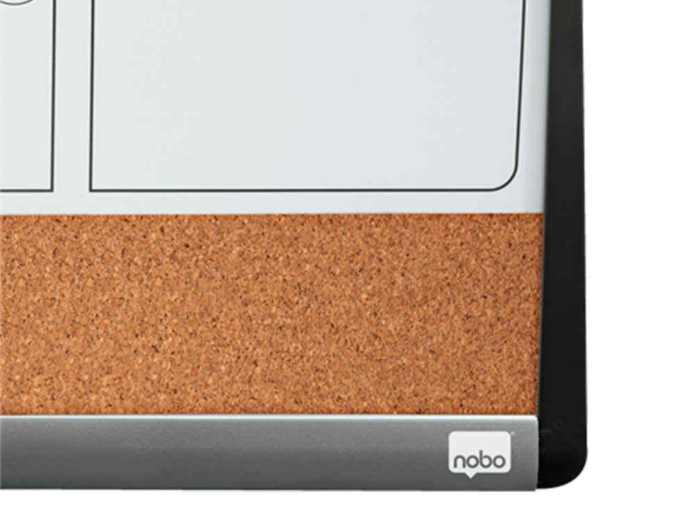 PLANIFICADOR MENSUAL NOBO MAGNETICO + TABLERO CORCHO HORIZONTAL CON MARCO ARQUEADO PLATA Y NEGRO 585X430 MM