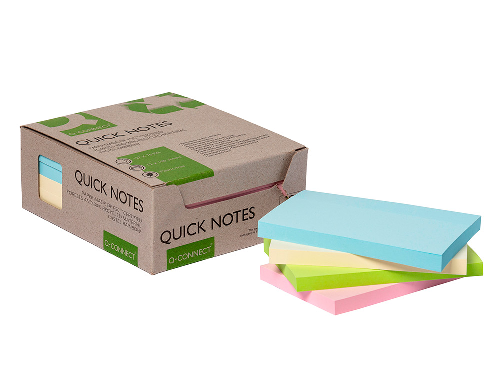 BLOC DE NOTAS ADHESIVAS QUITA Y PON Q-CONNECT 76X127 MM 100% PAPEL RECICLADO COLORES PASTELES EN CAJA DE CARTON