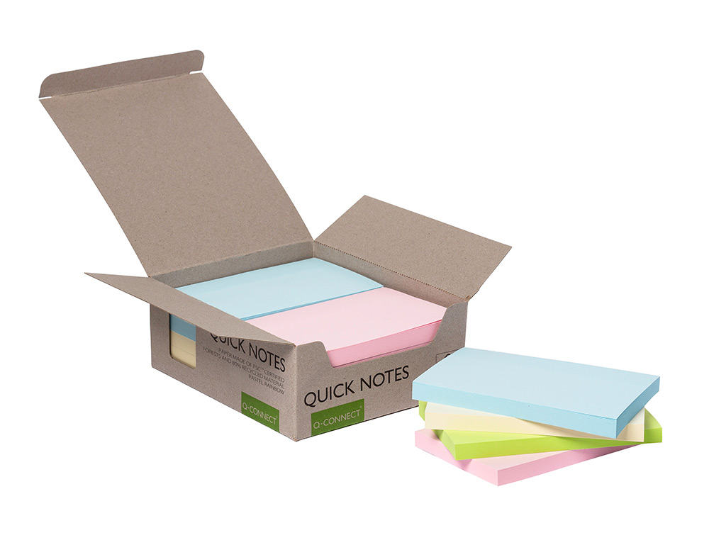 BLOC DE NOTAS ADHESIVAS QUITA Y PON Q-CONNECT 76X127 MM 100% PAPEL RECICLADO COLORES PASTELES EN CAJA DE CARTON