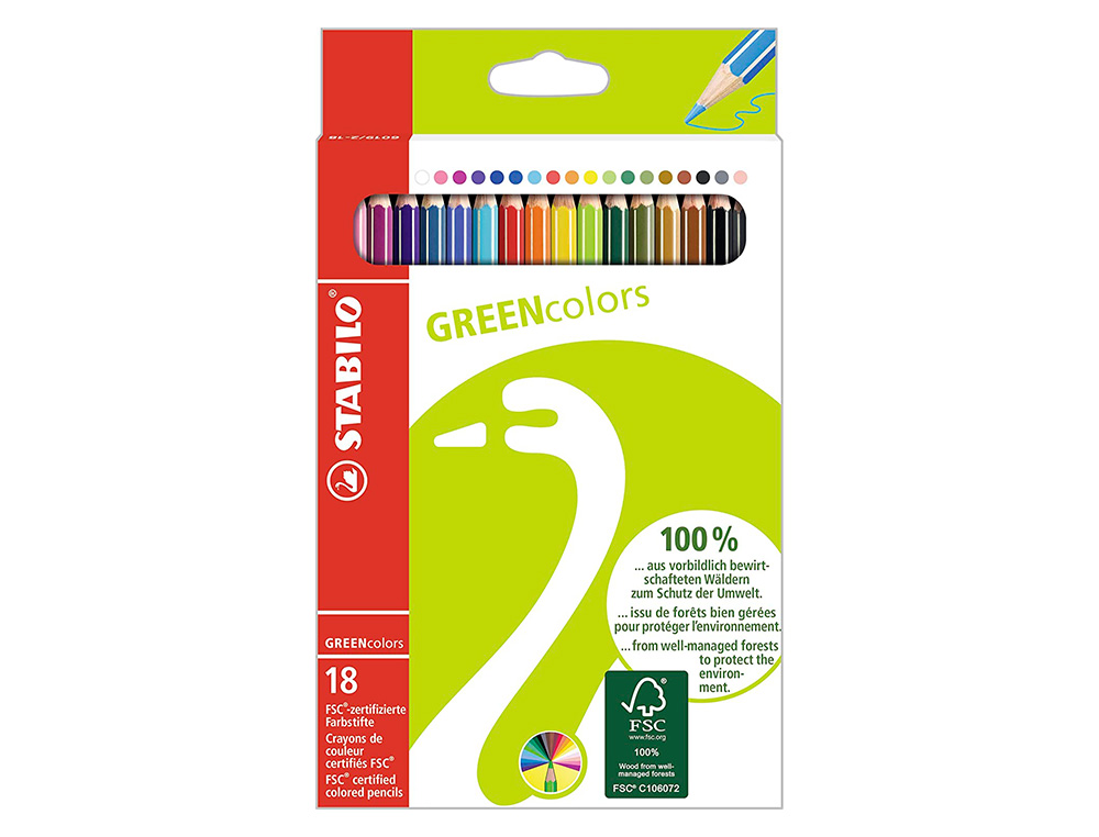 LAPICES DE COLORES STABILO GREEN COLORS CON CERTIFICADO FSC ESTUCHE CARTON DE 18 UNIDADES COLORES SURTIDOS