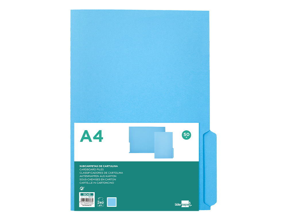 SUBCARPETA CARTULINA LIDERPAPEL DIN A4 PESTAA DERECHA 240G/M2 AZUL