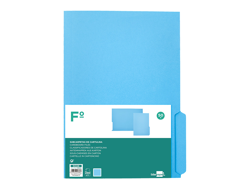 SUBCARPETA CARTULINA LIDERPAPEL FOLIO PESTAÑA DERECHA 240G/M2 AZUL