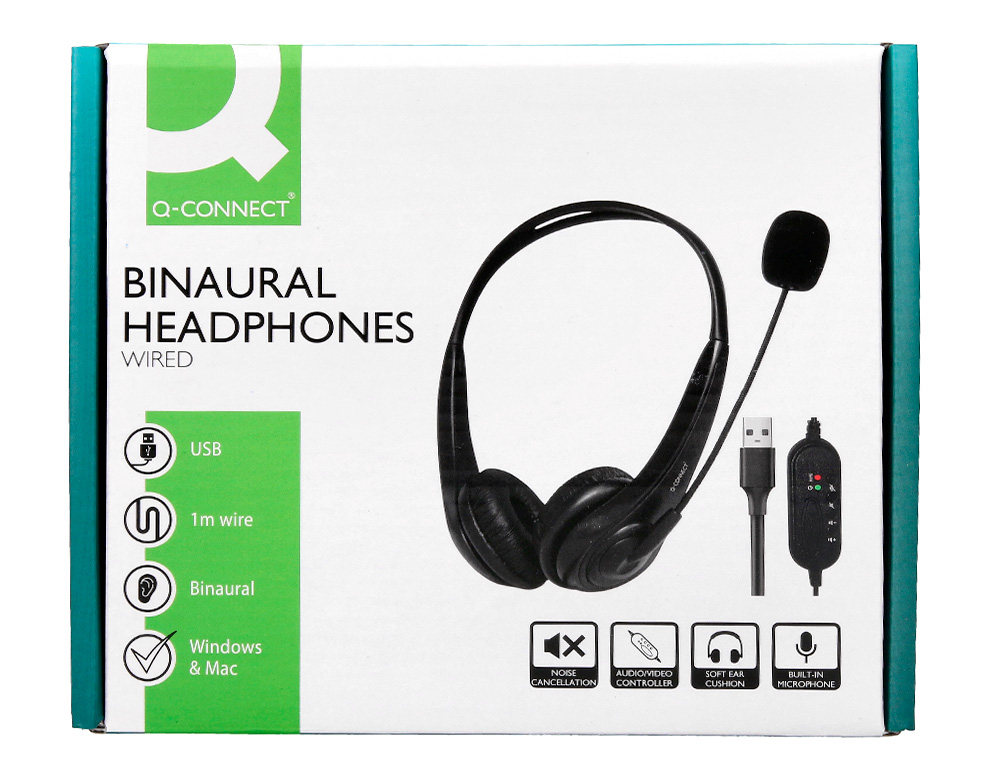 AURICULAR Q-CONNECT BIAURAL DIADEMA CON MICROFONO Y CONTROL DE VOLUMEN CONEXION USB CABLE DE 2M COLOR NEGRO