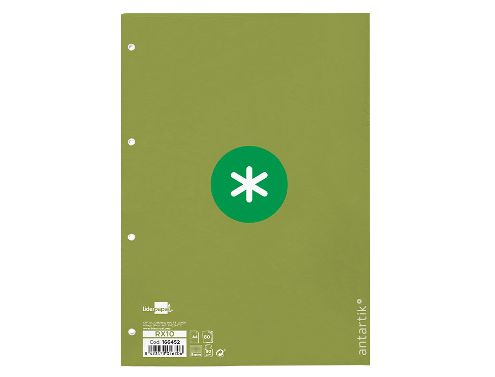 RECAMBIO ANTARTIK A4 80 HOJAS 90G/M2 CUADRO 5MM 4 TALADROS 1 BANDA CON MARCO COLOR VERDE