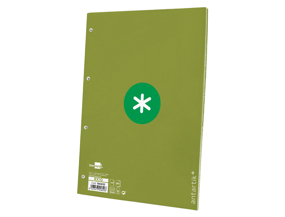 RECAMBIO ANTARTIK A4 80 HOJAS 90G/M2 CUADRO 5MM 4 TALADROS 1 BANDA CON MARCO COLOR VERDE