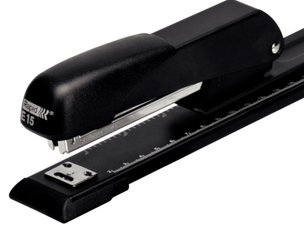 GRAPADORA RAPID E15 METALICA BRAZO LARGO CAPACIDAD 20 HOJAS USA GRAPAS 24/6 Y 26/26 COLOR NEGRO