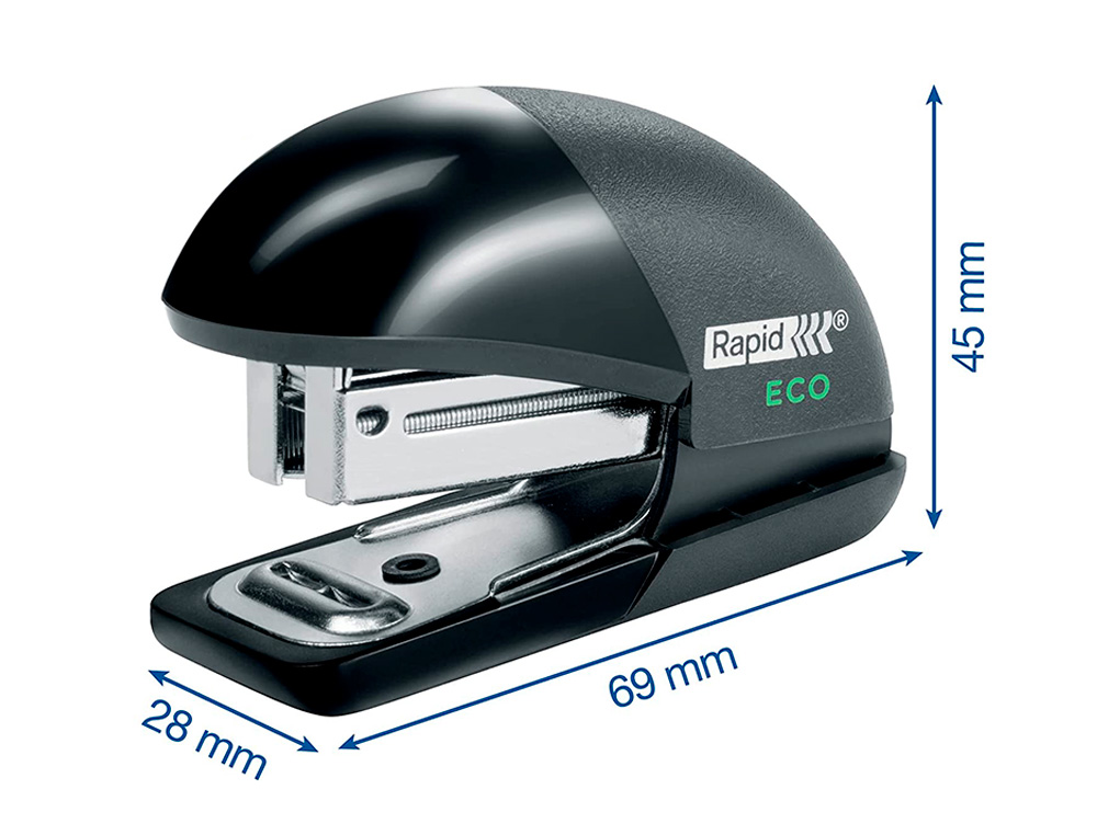 GRAPADORA RAPID MINI FASHION ECO PLASTICO 100% RECICLADO CAPACIDAD 10 HOJAS USA GRAPAS 24/6 Y 26/6 COLOR NEGRO