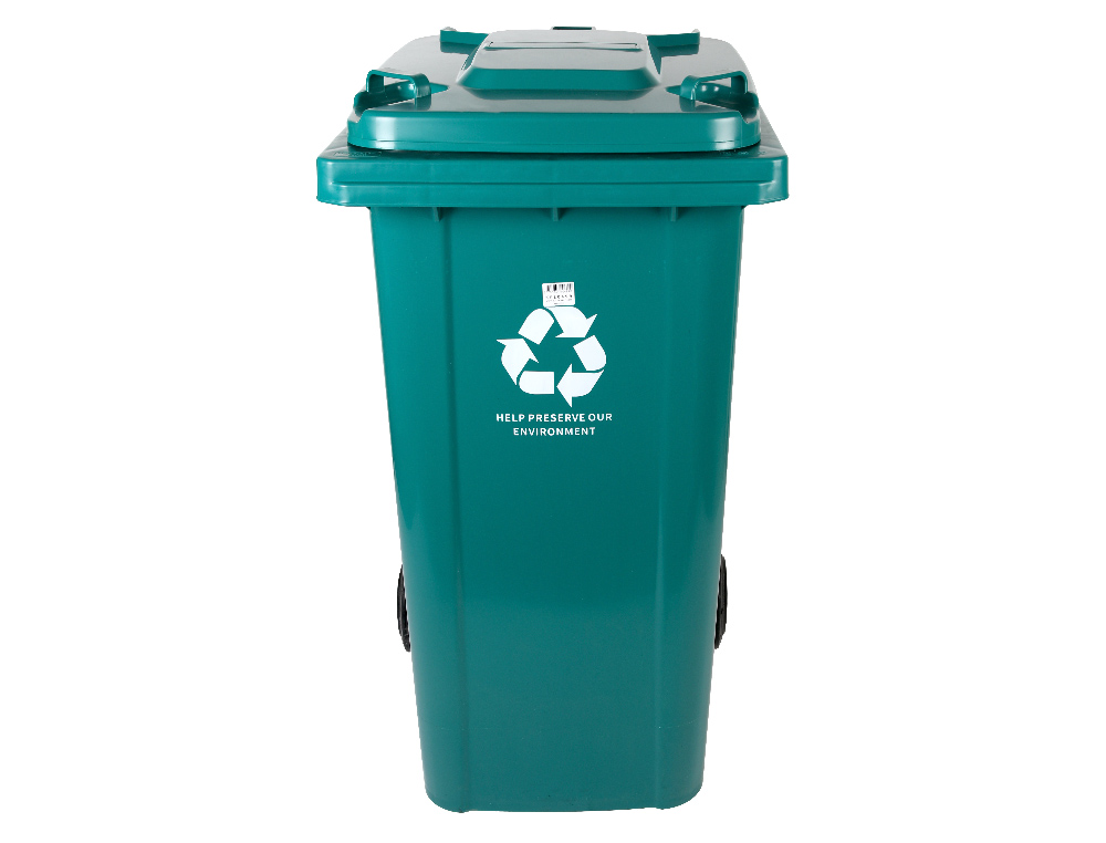 PAPELERA CONTENEDOR Q-CONNECT PLASTICO CON TAPADERA Y RUEDAS 240 LITROS VERDE 1040X620X610 MM