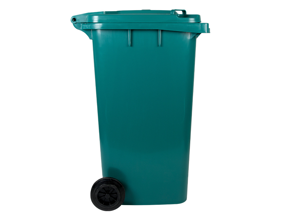 PAPELERA CONTENEDOR Q-CONNECT PLASTICO CON TAPADERA Y RUEDAS 240 LITROS VERDE 1040X620X610 MM