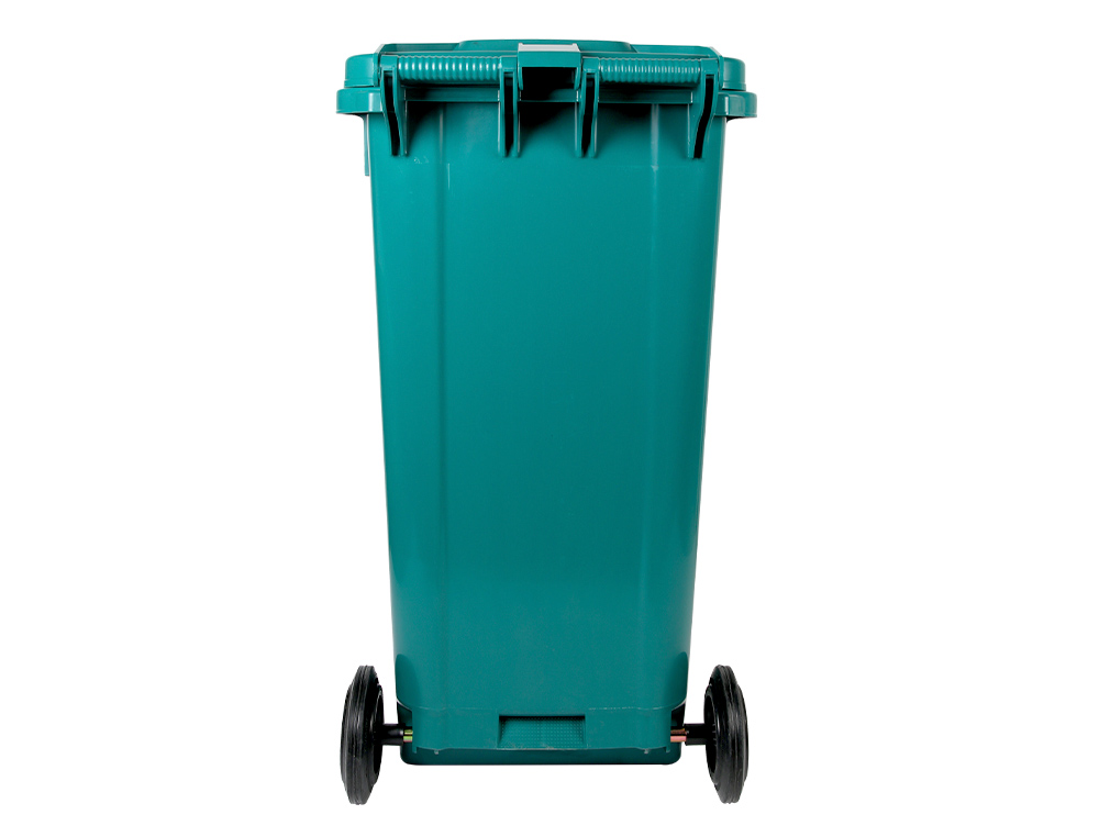 PAPELERA CONTENEDOR Q-CONNECT PLASTICO CON TAPADERA Y RUEDAS 240 LITROS VERDE 1040X620X610 MM