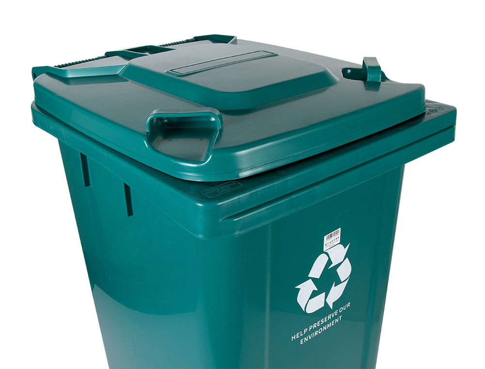 PAPELERA CONTENEDOR Q-CONNECT PLASTICO CON TAPADERA Y RUEDAS 240 LITROS VERDE 1040X620X610 MM