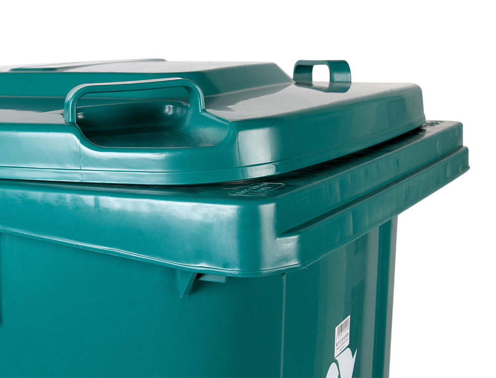 PAPELERA CONTENEDOR Q-CONNECT PLASTICO CON TAPADERA Y RUEDAS 240 LITROS VERDE 1040X620X610 MM