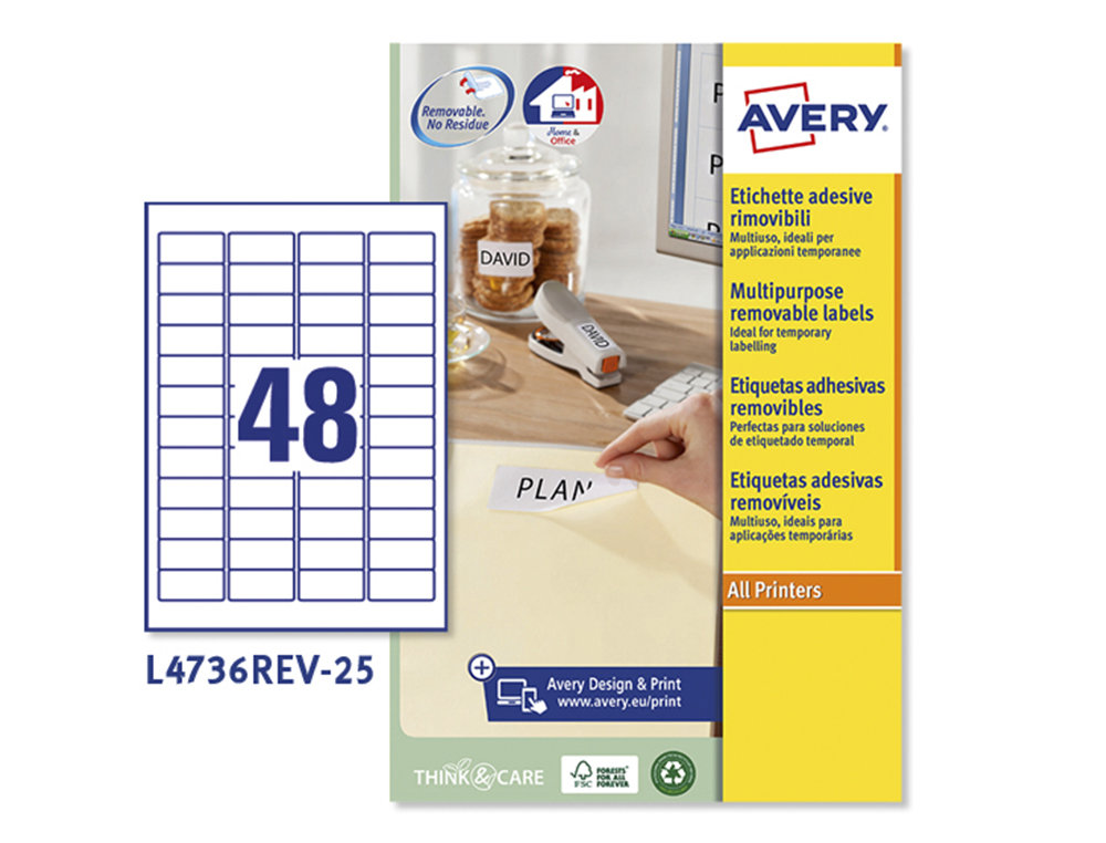 ETIQUETA ADHESIVA AVERY BLANCA REMOVIBLE PARA LASER INK-JET FOTOCOPIADORA 45,7X 21,2 MM CAJA DE 1200 UNIDADES