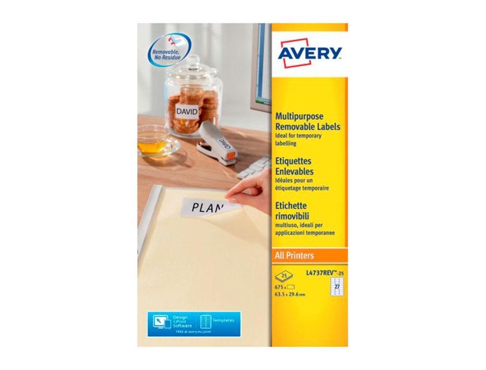 ETIQUETA ADHESIVA AVERY BLANCA REMOVIBLE LASER INK-JET FOTOCOPIADORA 63,5X29,6 MM CAJA DE 675 UNIDADES