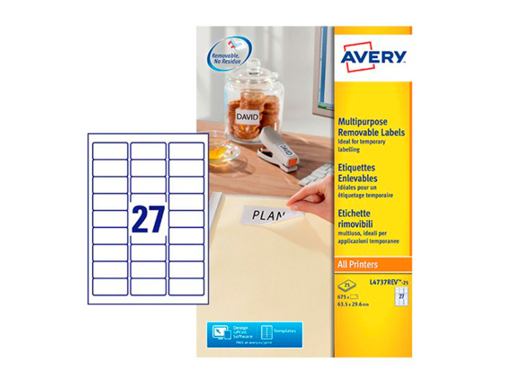 ETIQUETA ADHESIVA AVERY BLANCA REMOVIBLE LASER INK-JET FOTOCOPIADORA 63,5X29,6 MM CAJA DE 675 UNIDADES