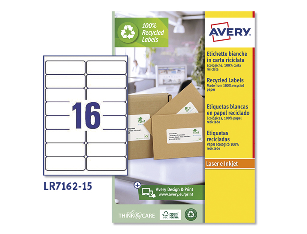 ETIQUETA ADHESIVA AVERY BLANCA PERMANENTE RECICLADA 100% LASER 99,1X33,9 MM CAJA DE 240 UNIDADES