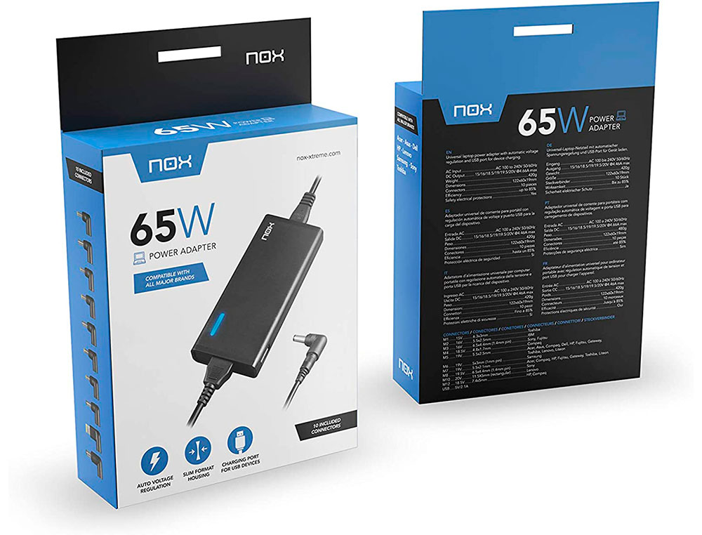 ADAPTADOR DE CORRIENTE NOX PARA PORTATIL 65W USB CON 10 CONECTORES