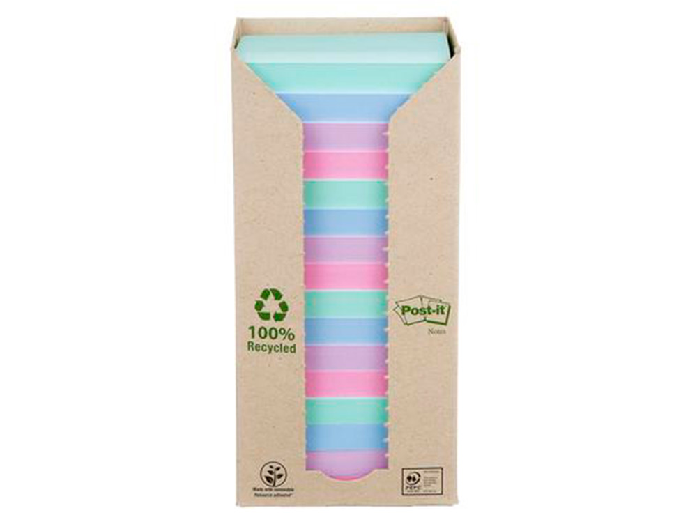 BLOC DE NOTAS ADHESIVAS QUITA Y PON POST-IT 76X76 MM 100% RECICLADA PEFC EN TORRE PACK DE 16 UNIDADES COLORES