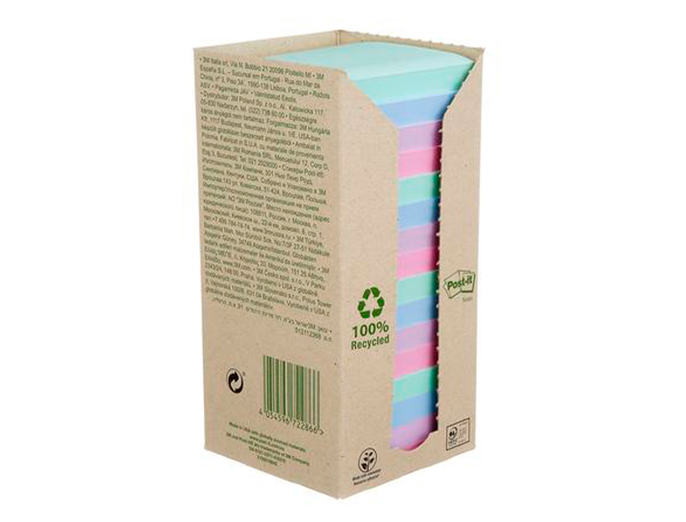 BLOC DE NOTAS ADHESIVAS QUITA Y PON POST-IT 76X76 MM 100% RECICLADA PEFC EN TORRE PACK DE 16 UNIDADES COLORES