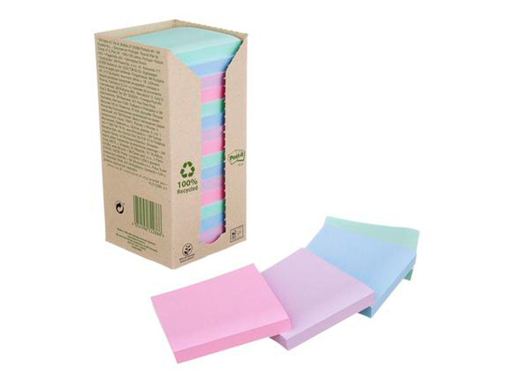 BLOC DE NOTAS ADHESIVAS QUITA Y PON POST-IT 76X76 MM 100% RECICLADA PEFC EN TORRE PACK DE 16 UNIDADES COLORES