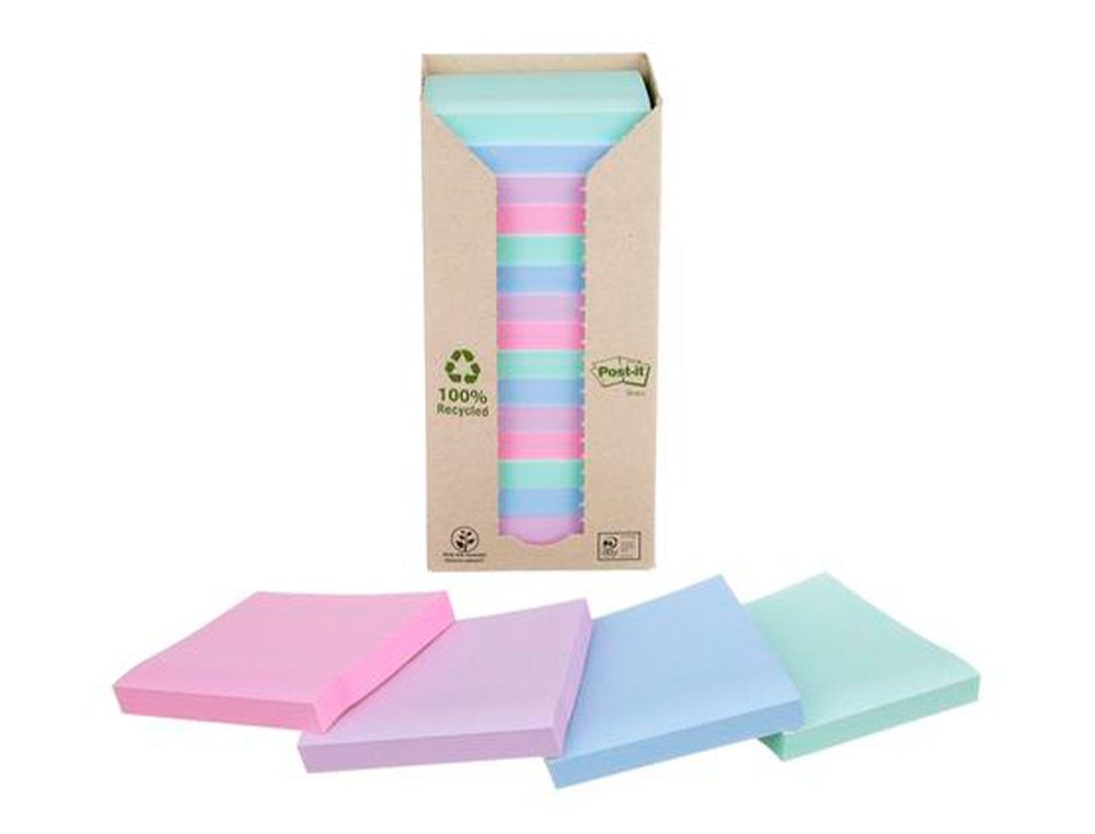 BLOC DE NOTAS ADHESIVAS QUITA Y PON POST-IT 76X76 MM 100% RECICLADA PEFC EN TORRE PACK DE 16 UNIDADES COLORES