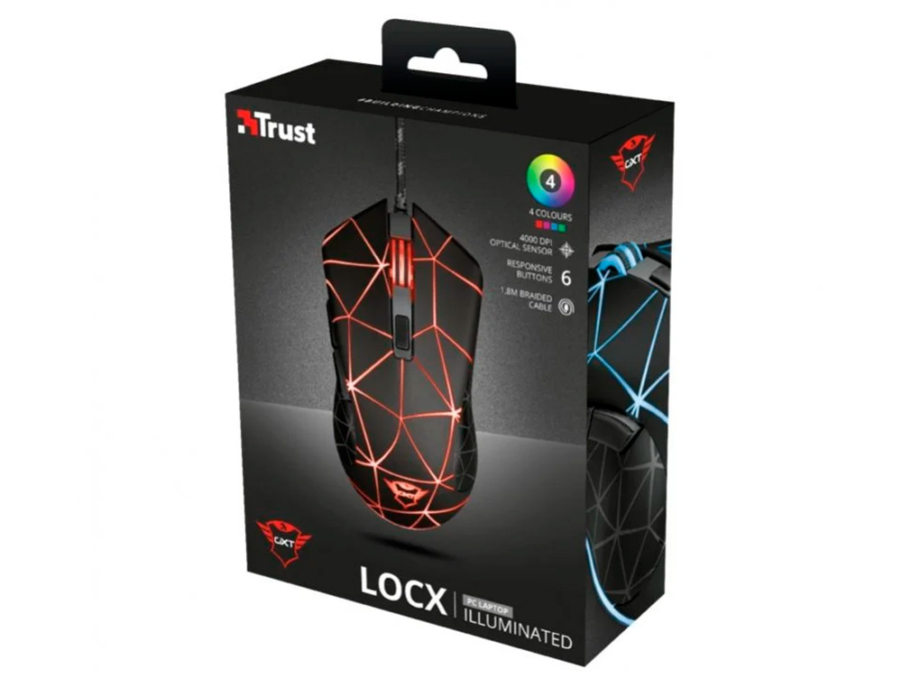 RATON TRUST GXT133 LOCX GAMING OPTICO LUCES LED 800-4000 PPP 6 BOTONES USB 2.0 CABLE 1,80 M COLOR NEGRO