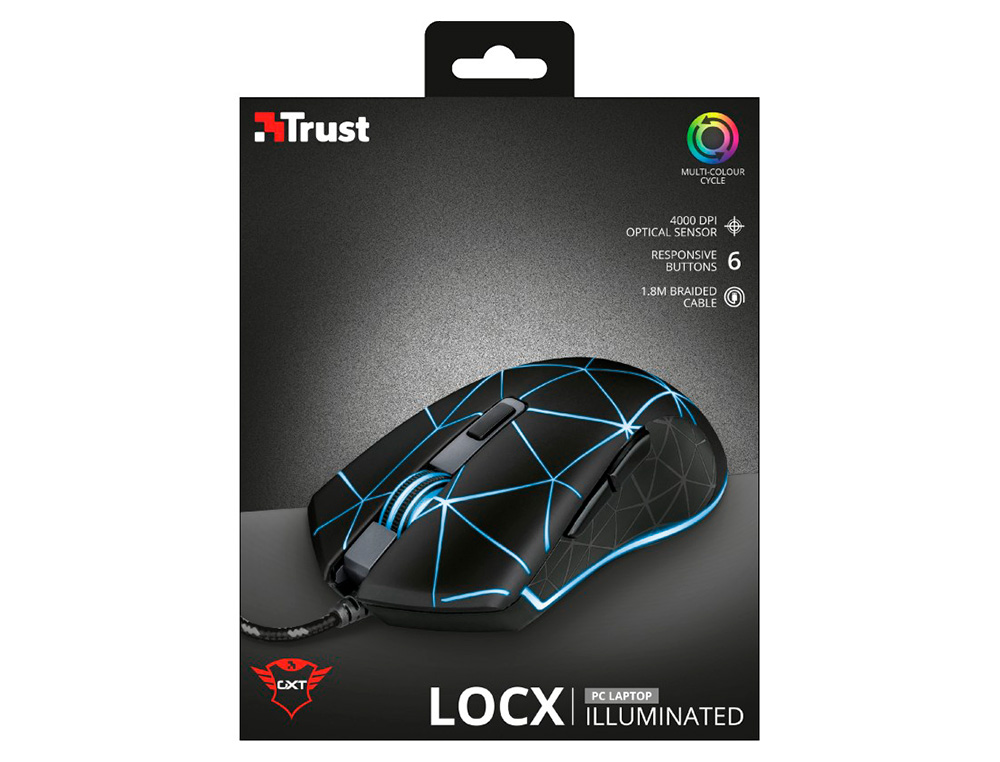 RATON TRUST GXT133 LOCX GAMING OPTICO LUCES LED 800-4000 PPP 6 BOTONES USB 2.0 CABLE 1,80 M COLOR NEGRO